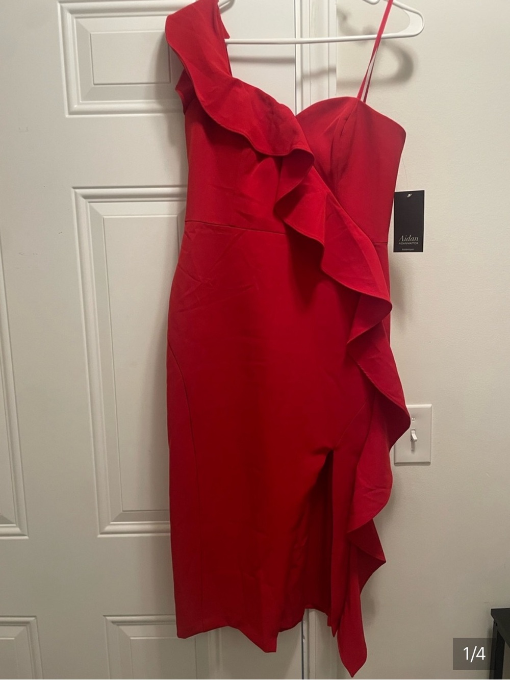 NWT - Aidan Mattox - Women’s Red One-Shoulder Ruffle Midi Dress
